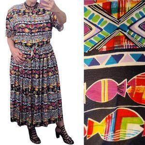 VTG 80s Colorful 2 Piece Funky Fish Print Teachercore Midi Skirt Set Medium